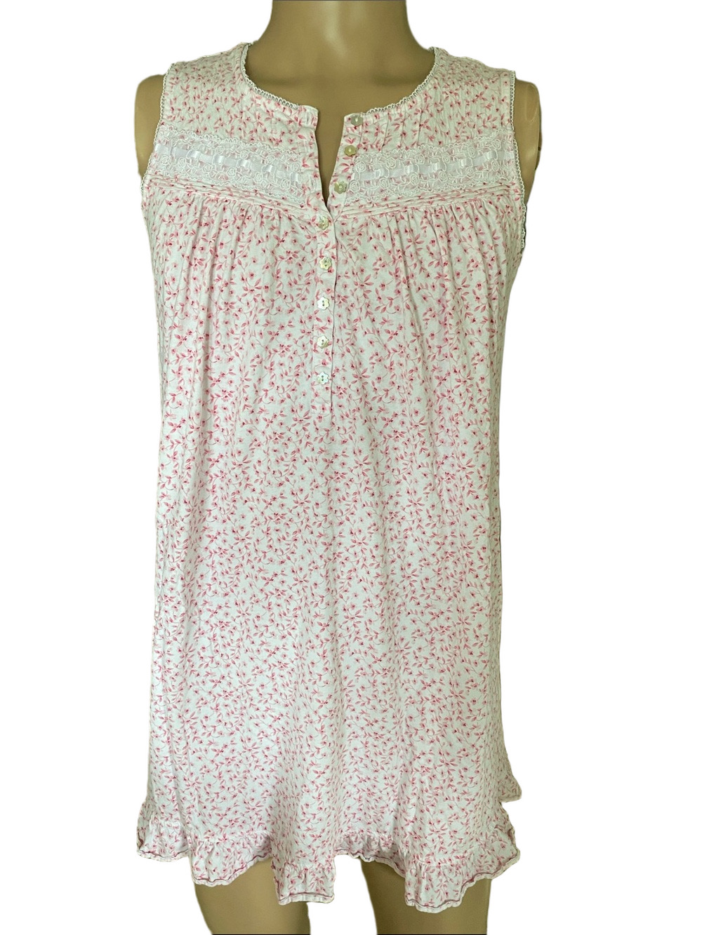 Eileen West White and Pink Floral Sleeveless Nightdress with Lace Yoke